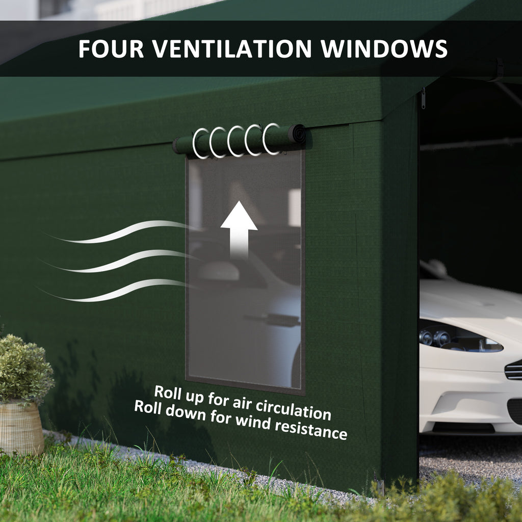 12 x 20ft Carport with 2 Roll-Up Doors, 4 Windows, Portable Garage with Removable Sidewalls for Car, Truck, Dark Green