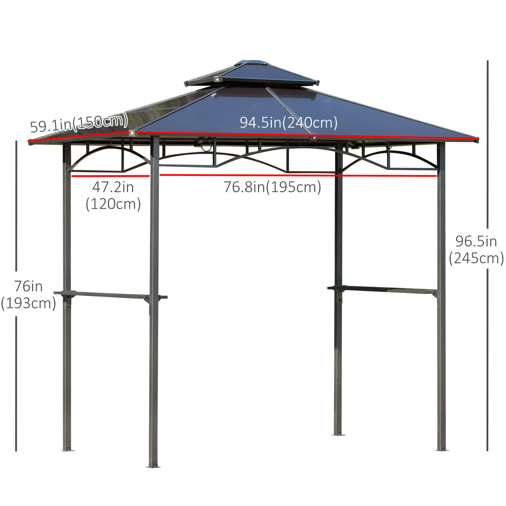 8' x 5' Hardtop Grill Gazebo, Aluminium BBQ Canopy Gazebo, Outdoor Canopy with Side Shelves & Double Roof