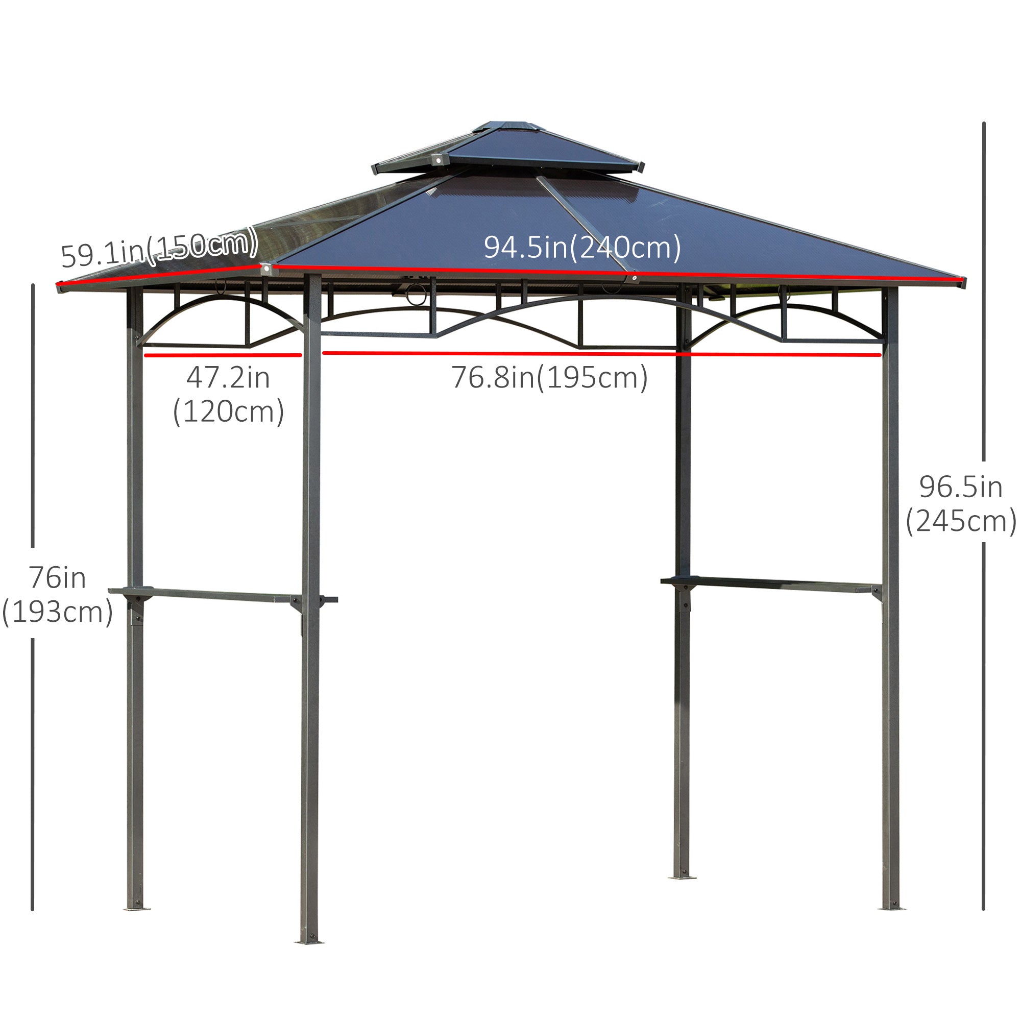 8' x 5' Hardtop Grill Gazebo, Aluminium BBQ Canopy Gazebo, Outdoor Canopy with Side Shelves & Double Roof