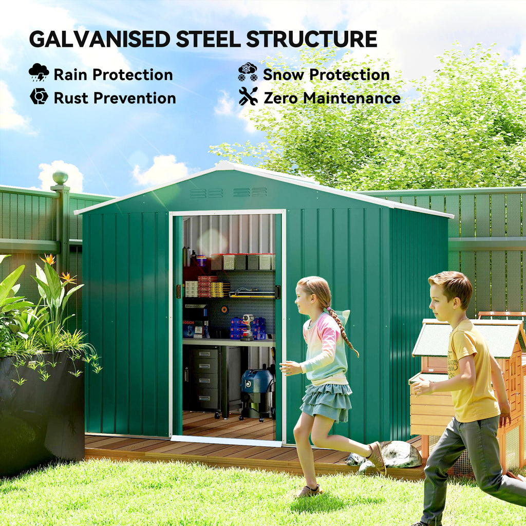 8' x 6' Outdoor Storage Shed, Metal Garden Tool Storage House with Lockable Sliding Doors and Vents, Green