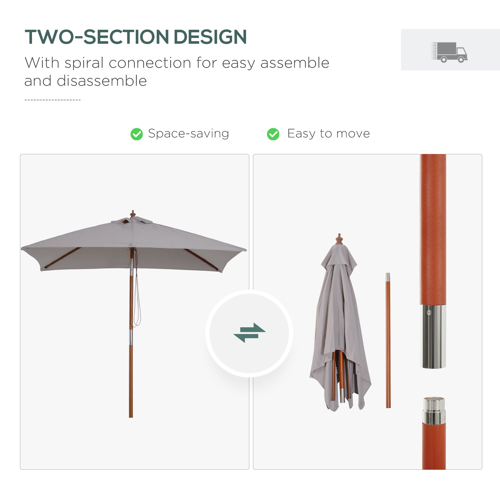 6.6 x 5ft Fir Wooden Patio Umbrella Market Parasol Tilt Mechanism 6 Ribs Garden Sunshade, Grey