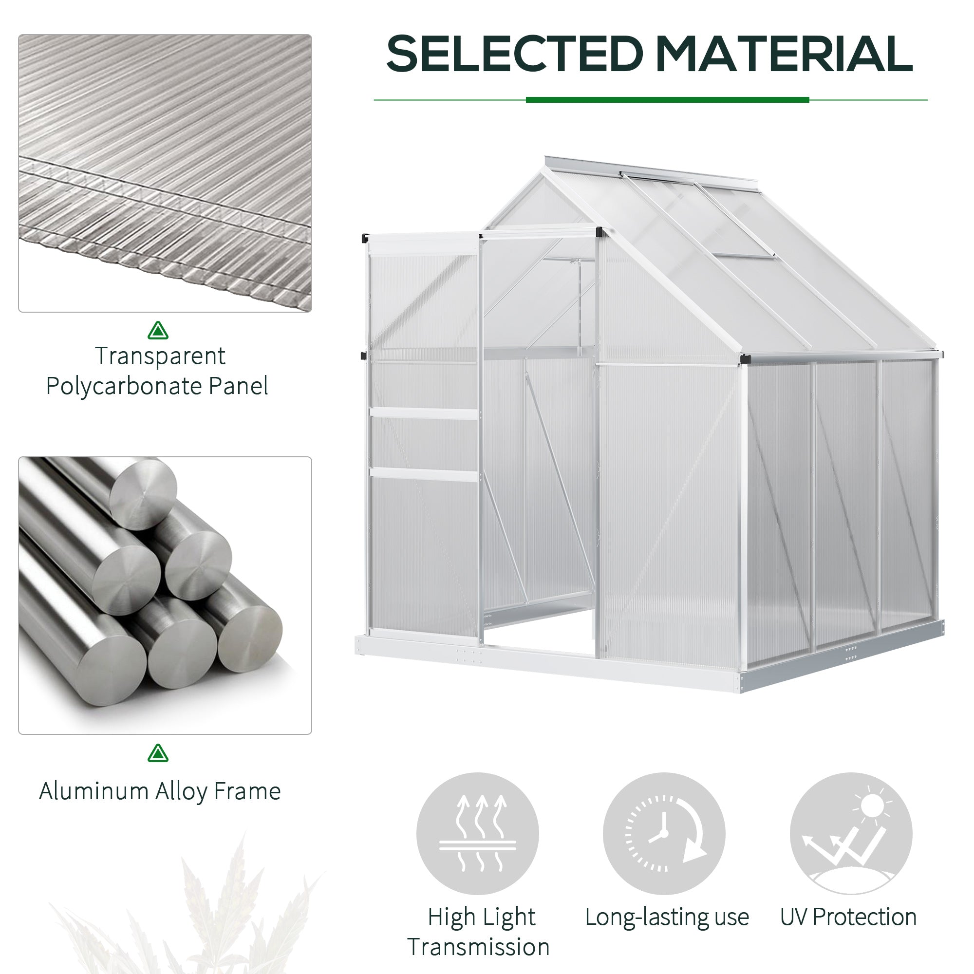 6' x 6' x 6.5' Polycarbonate Greenhouse, Walk-in Green House with Adjustable Roof Vent, Galvanized Base, Sliding Door and Rain Gutter for Outdoor, Garden, Backyard, Clear
