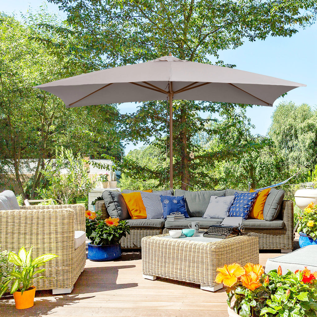 7' x 10' Wooden Patio Umbrella, Rectangle Garden Parasol, Outdoor Sunshade Canopy with Bamboo Ribs for Garden, Grey