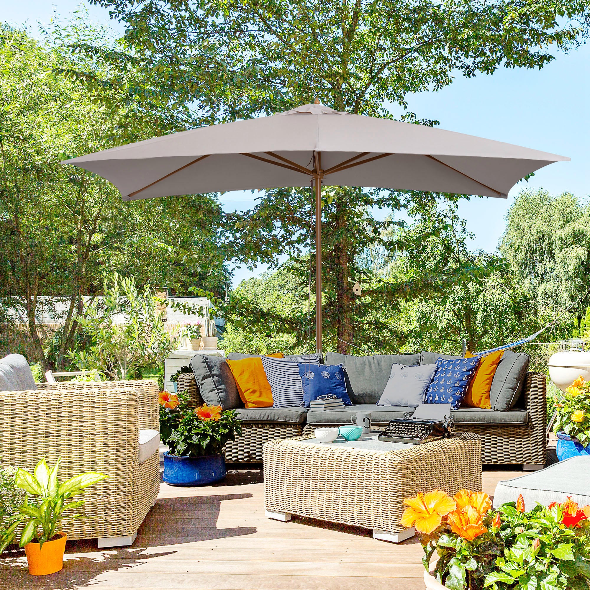 7' x 10' Wooden Patio Umbrella, Rectangle Garden Parasol, Outdoor Sunshade Canopy with Bamboo Ribs for Garden, Grey