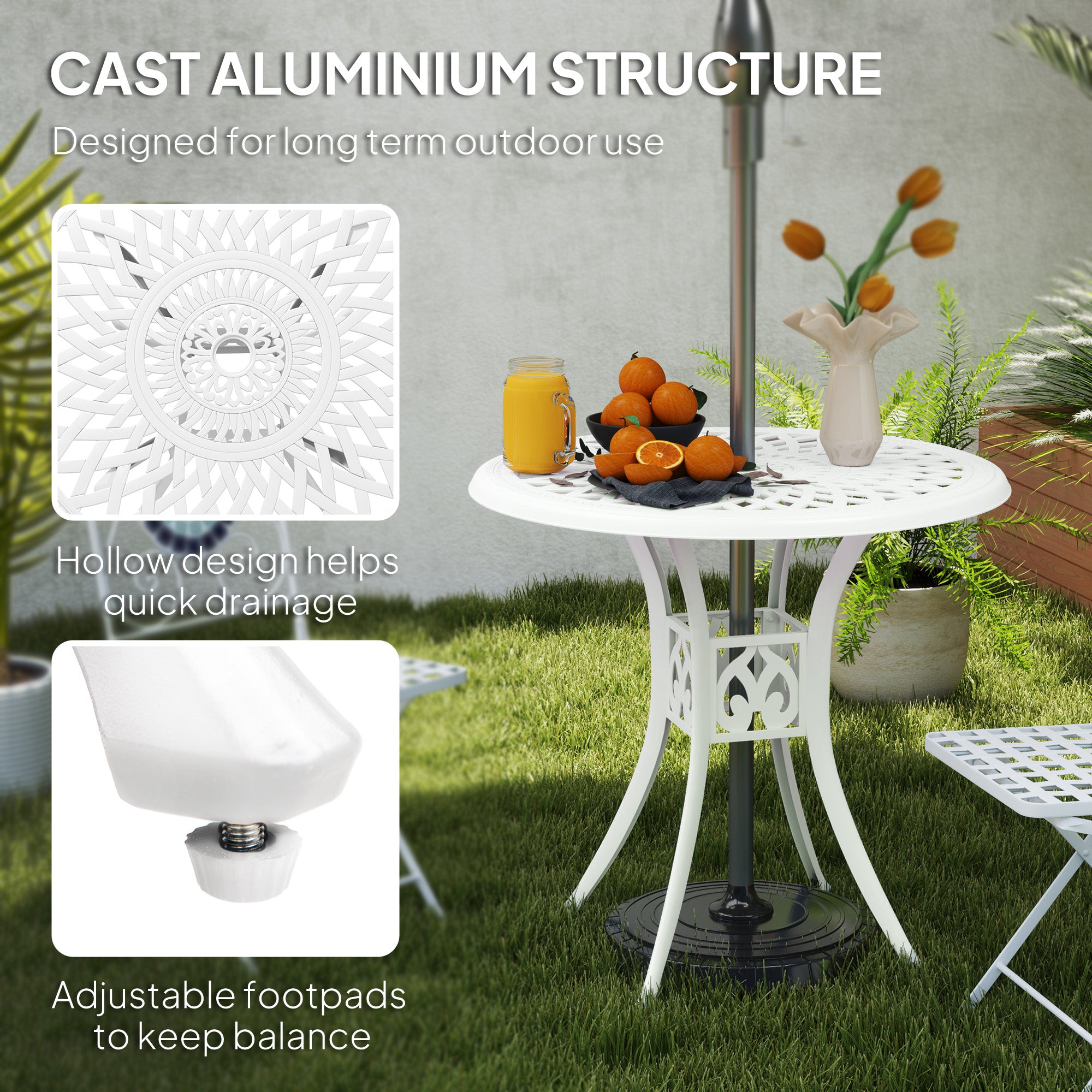 30-inch Round Patio Dining Table with Umbrella Hole Cast Aluminium Outdoor Bistro Table, White