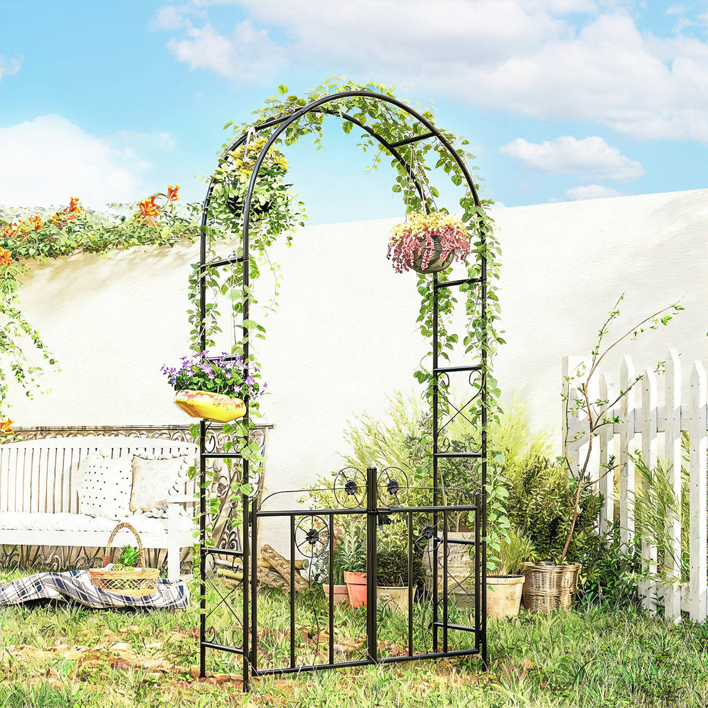 7.4 ft Garden Arch, Outdoor Trellis Arbor with Gate for Climbing Plants, Wedding Arch, Black