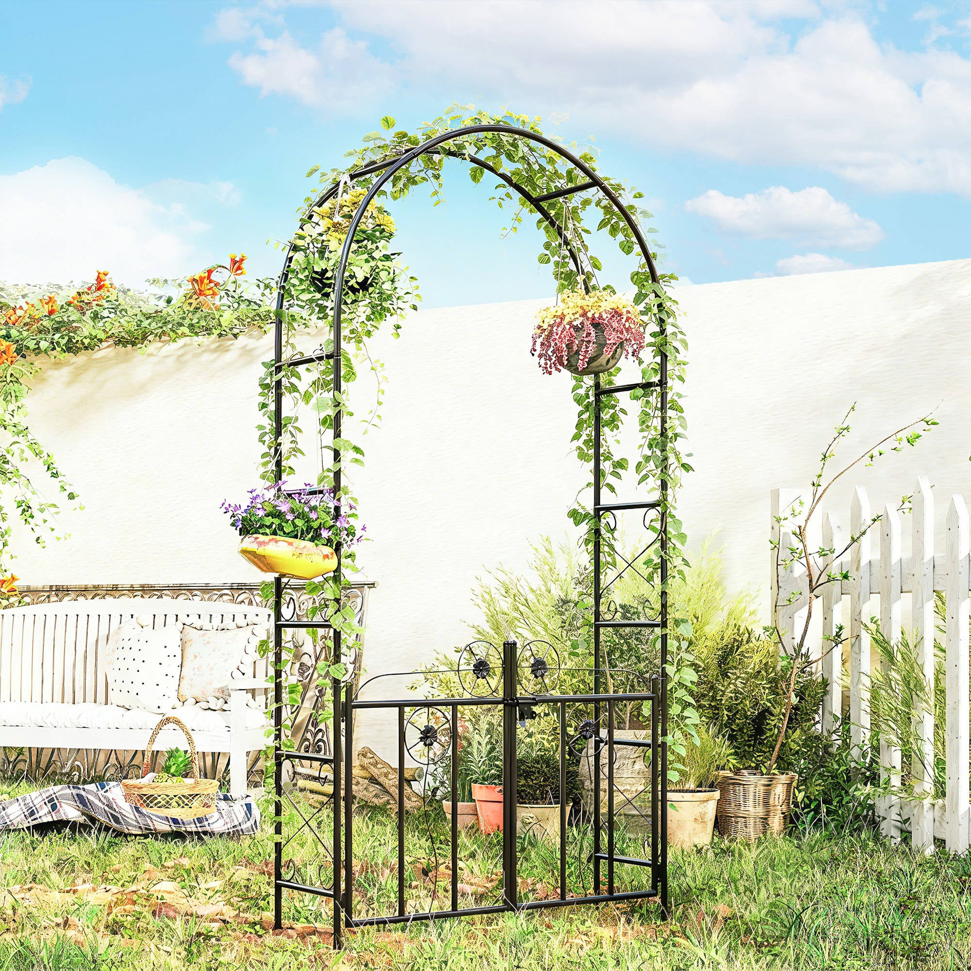 7.4 ft Garden Arch, Outdoor Trellis Arbor with Gate for Climbing Plants, Wedding Arch, Black