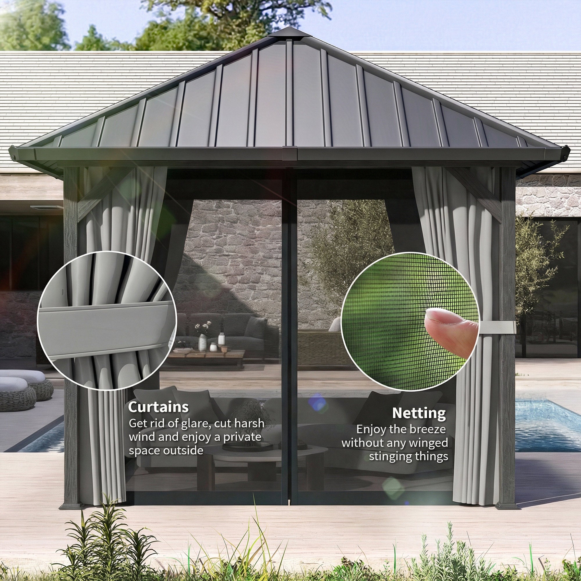 10' x 10' Hardtop Gazebo with Galvanized Steel Roof, Permanent Garden Gazebo with Netting and Curtains