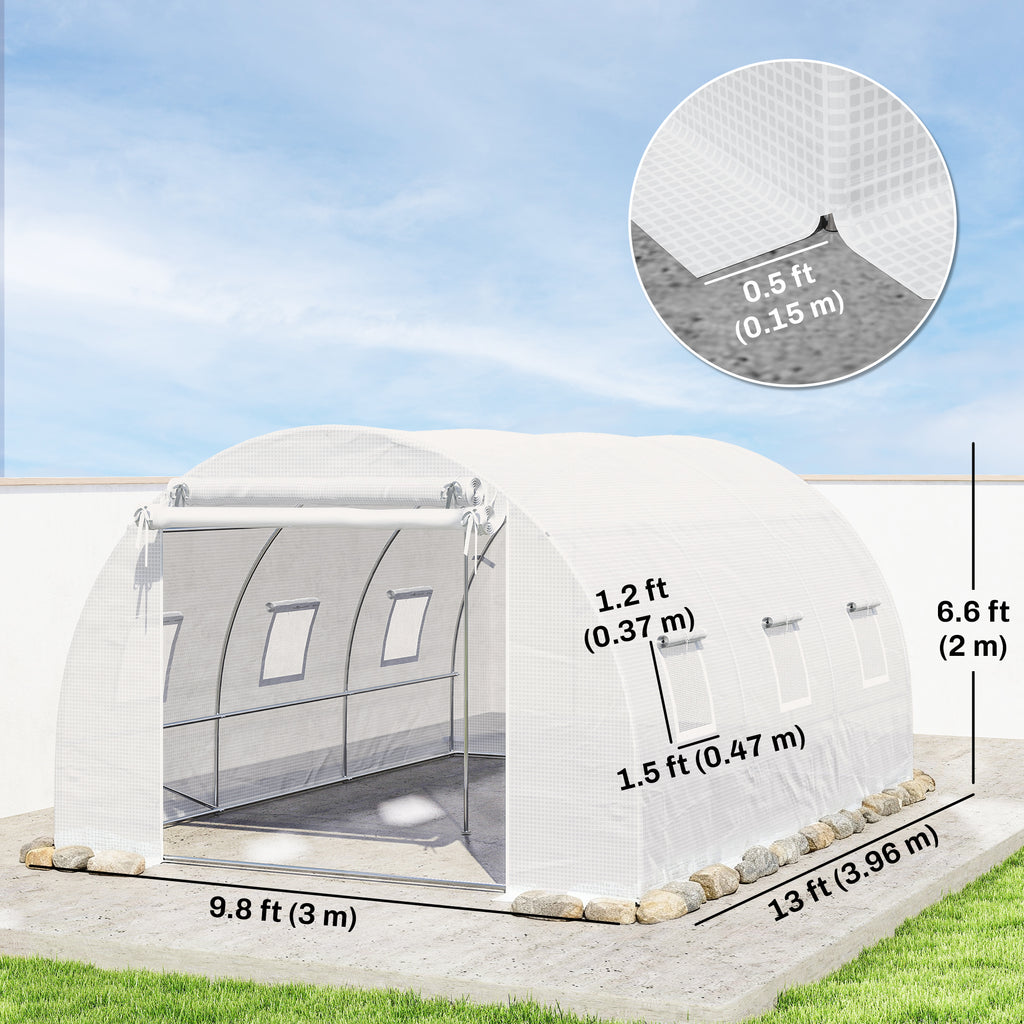 Walk-in Tunnel Greenhouse, Plant Hot House w/ Support Rods, Roll-up Mesh Door, Mesh Windows, 13'x9.8'x6.6', White