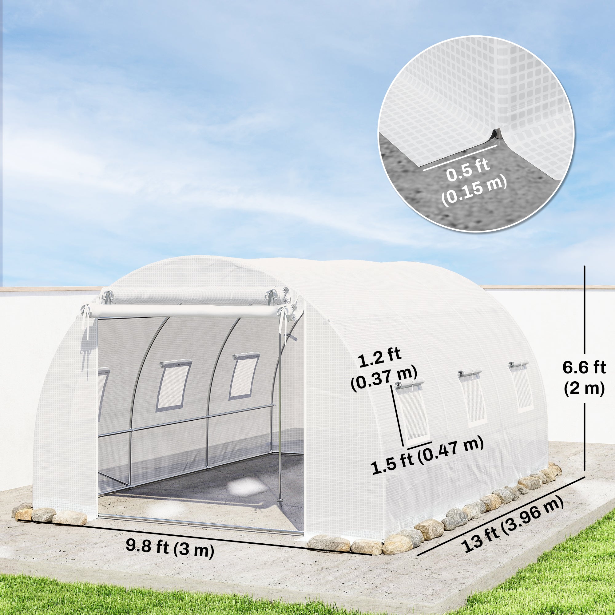 Walk-in Tunnel Greenhouse, Plant Hot House w/ Support Rods, Roll-up Mesh Door, Mesh Windows, 13'x9.8'x6.6', White