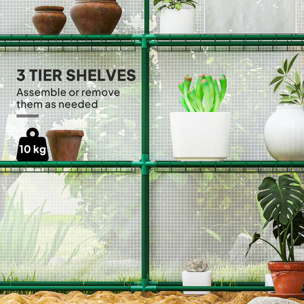 Walk-in Greenhouse with 3 Tier, Garden Plant Growhouse with Roll-up Door and Mesh Windows, 140 x 213 x 190 cm, White
