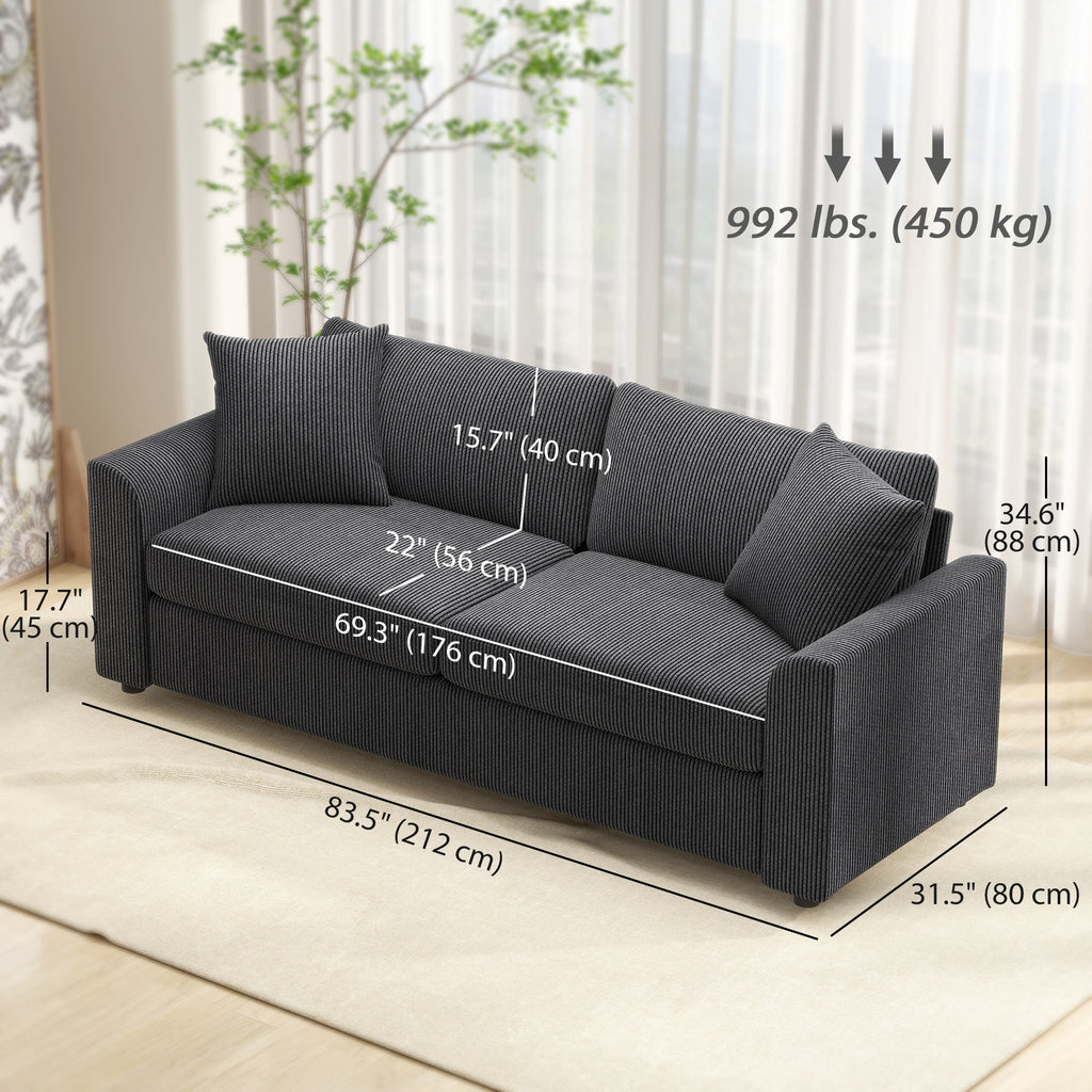 3 Seater Sofa, 83.5" Modern Upholstered Couch with Pocket Spring and 2 Scatter Cushions for Living Room, Dark Grey