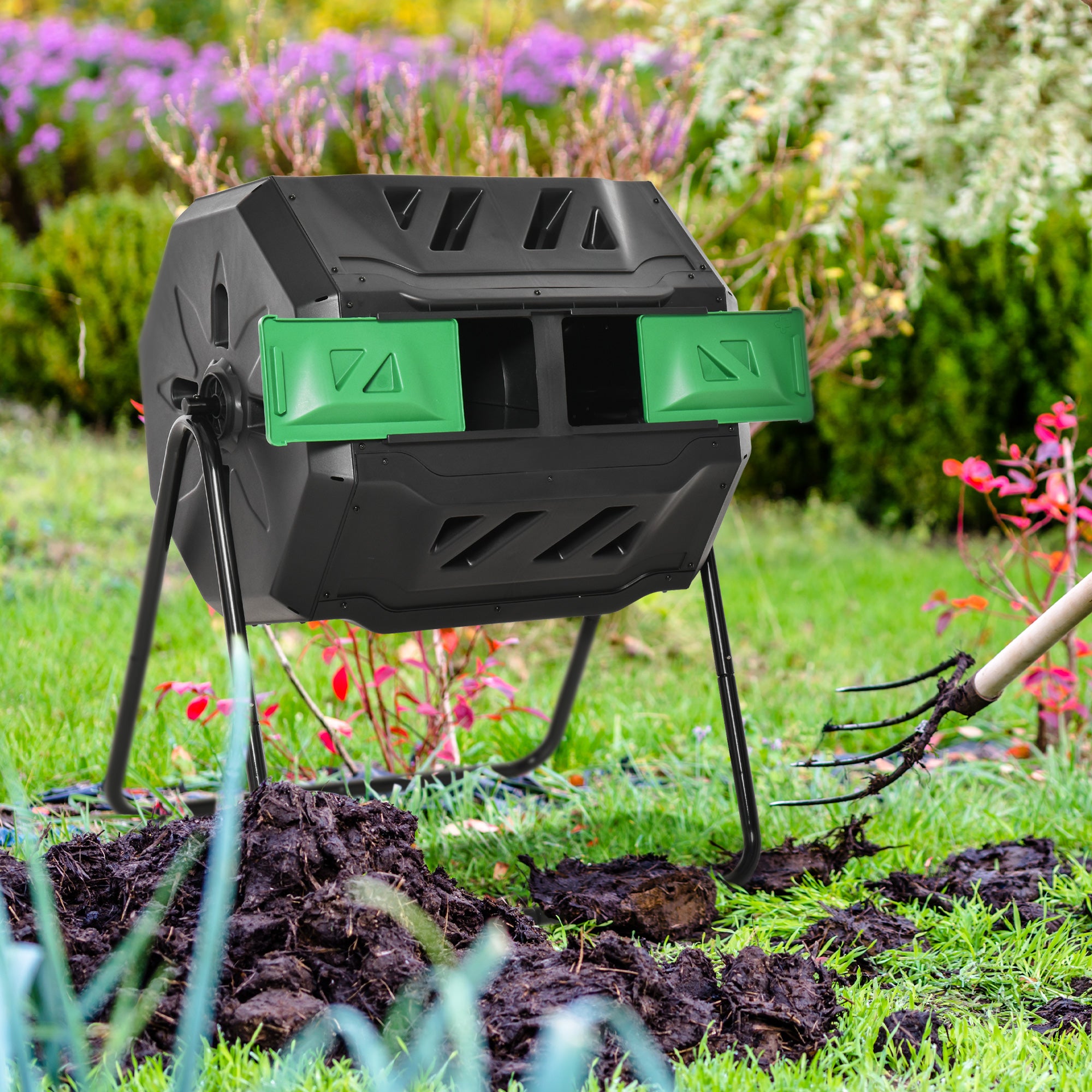 Tumbling Compost Bin Outdoor Dual Chamber 360Â° Rotating Composter 43 Gallon w/ Sliding Doors & Solid Steel Frame, Green