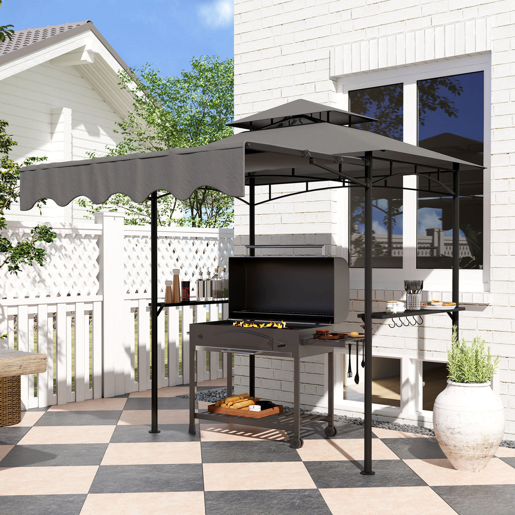 8' x 7.6' Grill Gazebo, Double Tiered Barbecue Grill Gazebo Shelter w/ Side Awning, 2 Side Shelves, 6 Hooks, Dark Grey