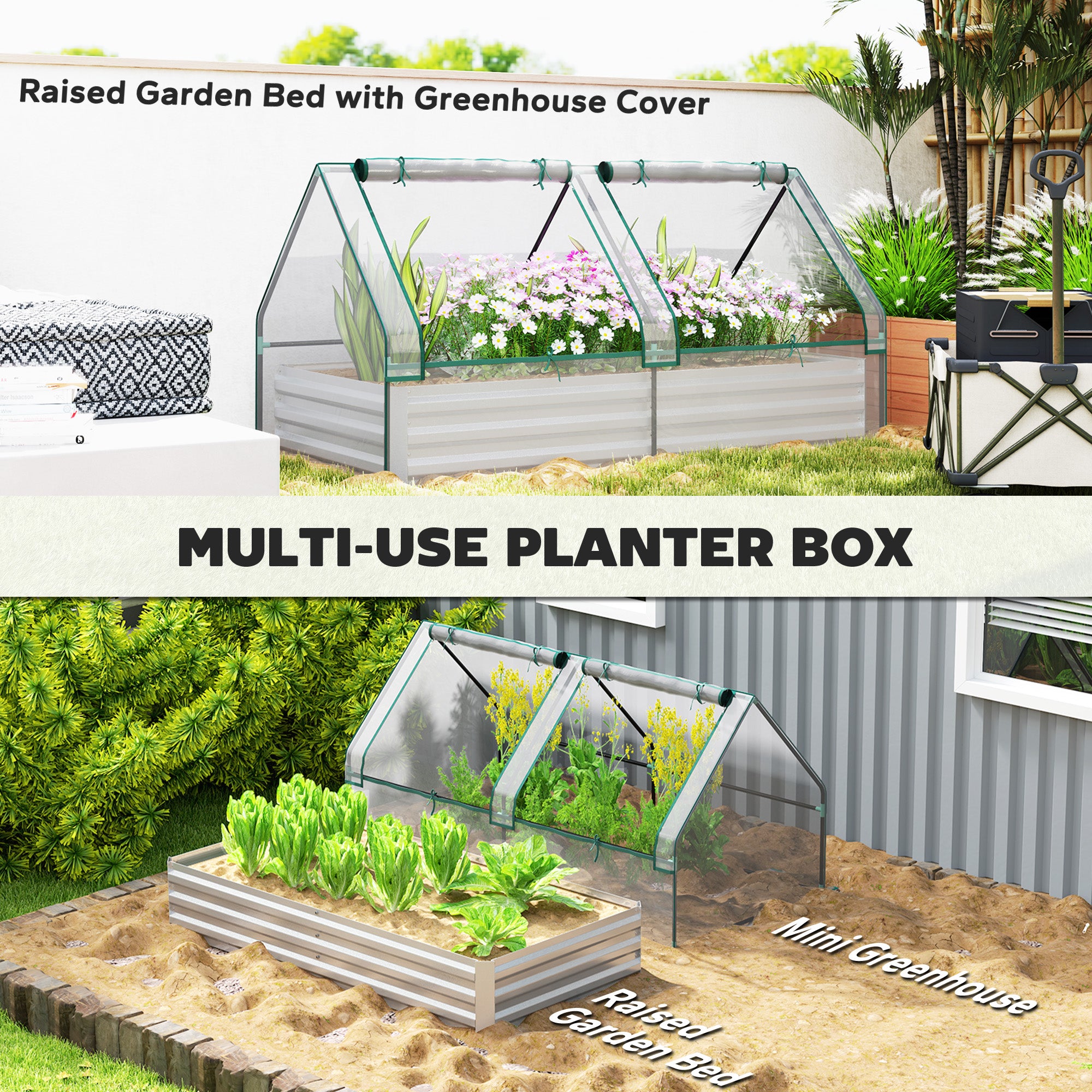 6' x 3' Metal Planter Box with Cover, Raised Garden Bed with Mini Greenhouse for Herbs, Vegetables, Clear and Silver