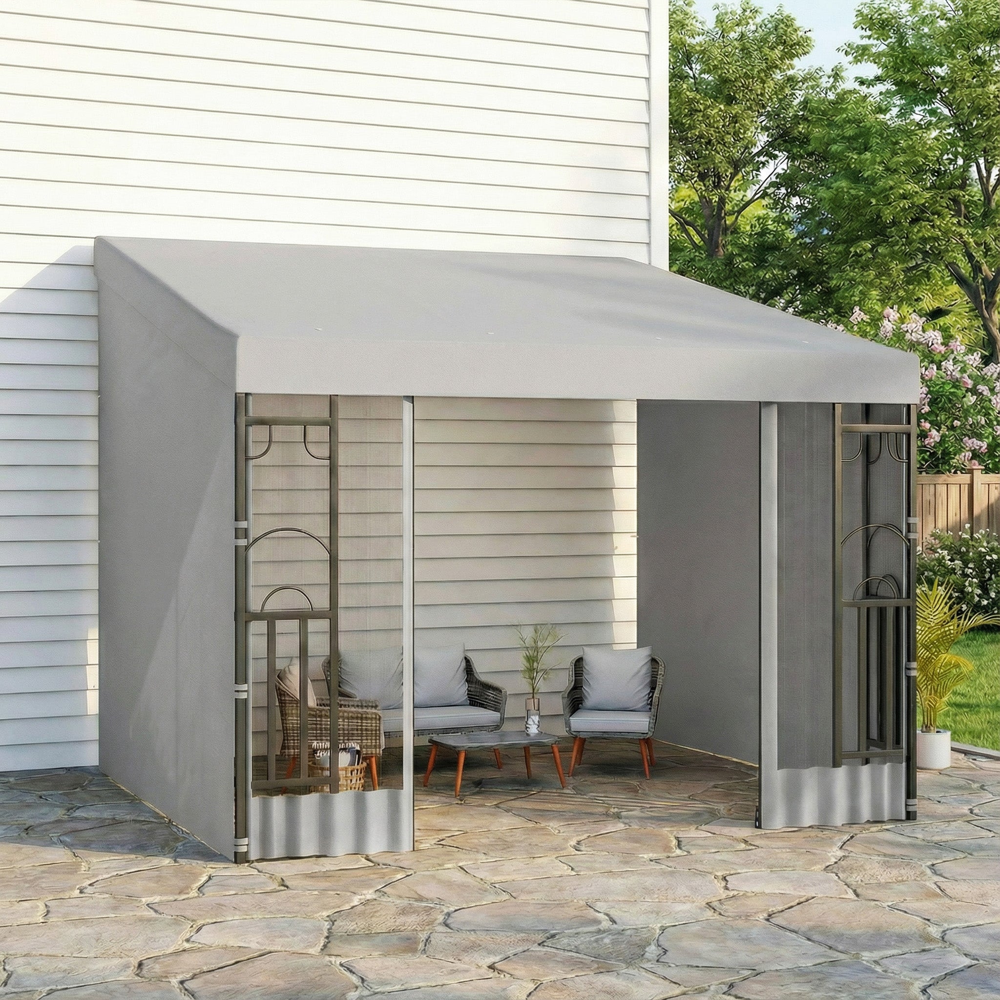 10' x 10' Wall Pergola, Outdoor Gazebo with 2 Curtains and 2 Nettings, UV Resistant, for Patio, Deck, Light Grey