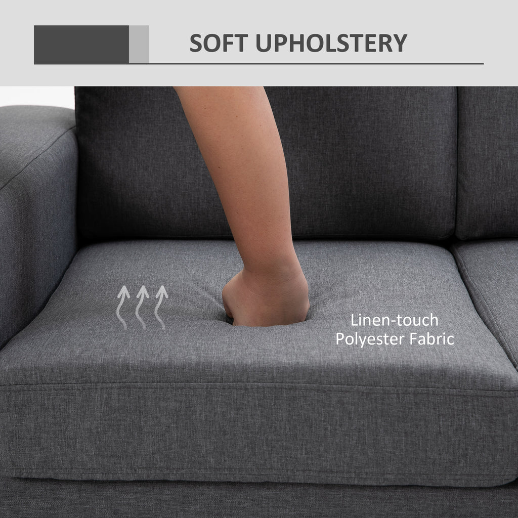 3 Seater Sofa, Linen Upholstered Cozy Padded Couch with Steel Leg, Backrest and Wide Armrest, for Living room, Bedroom, Dark Grey