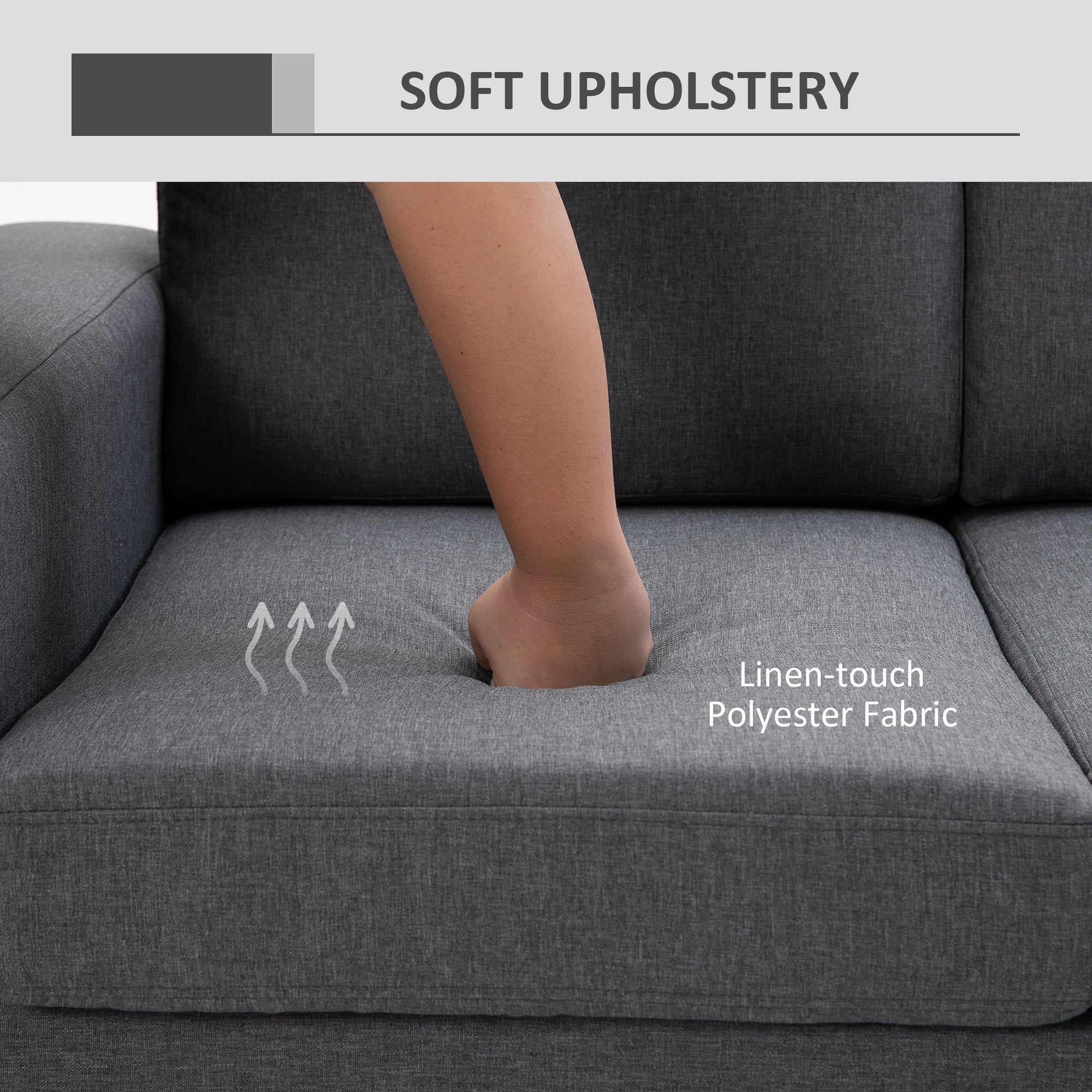 3 Seater Sofa, Linen Upholstered Cozy Padded Couch with Steel Leg, Backrest and Wide Armrest, for Living room, Bedroom, Dark Grey