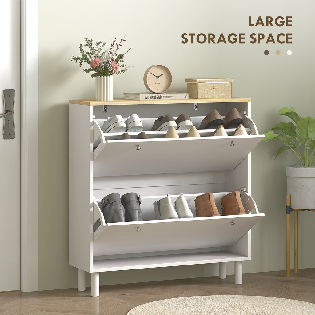 2 Drawers Shoe Storage Cabinet with Adjustable Shelves for 16 Pairs of Shoes, White