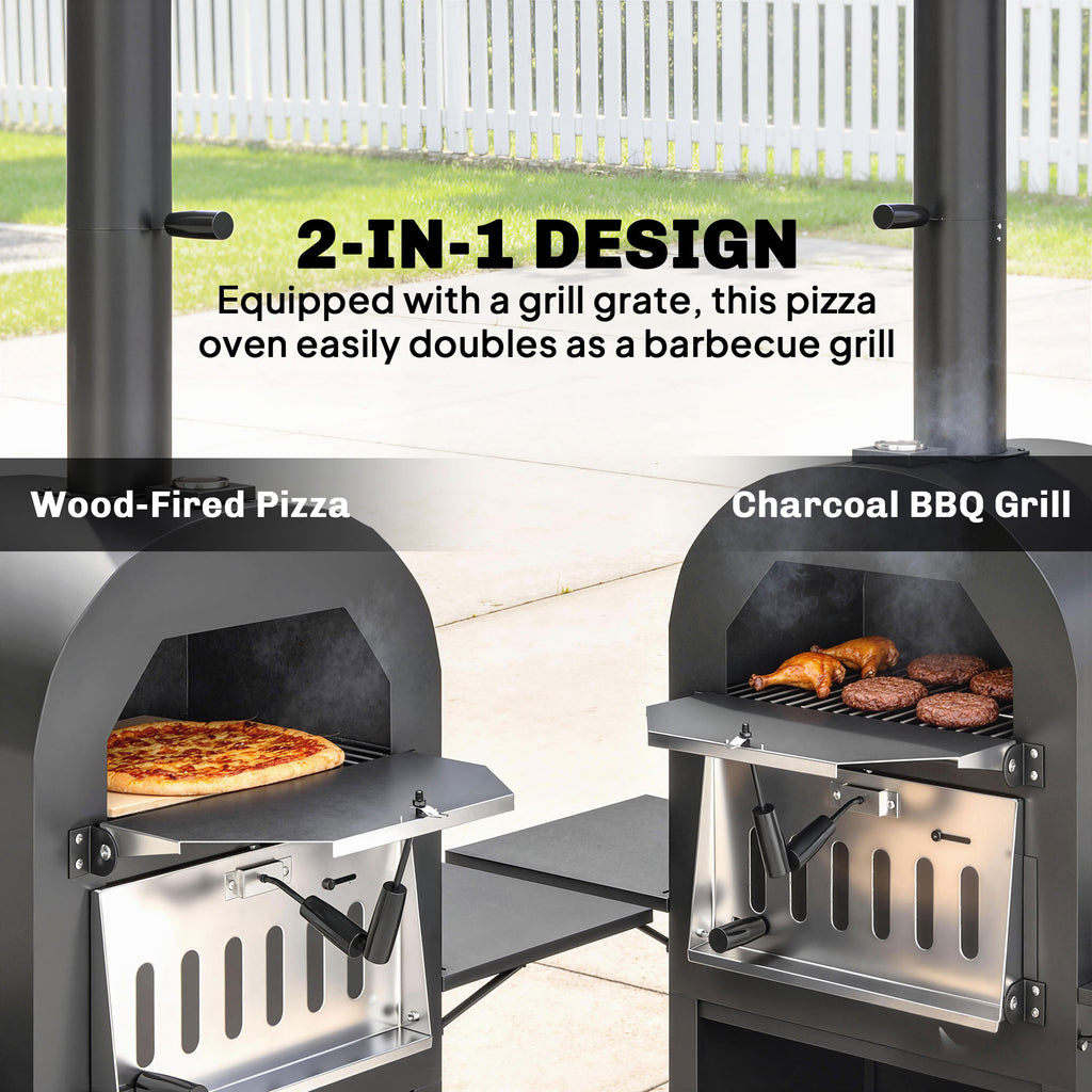 Outdoor Wood Fired Pizza Oven with Side Shelves and Open Cabinet, Pizza Maker on Wheels with Thermometer, Stone, Peel