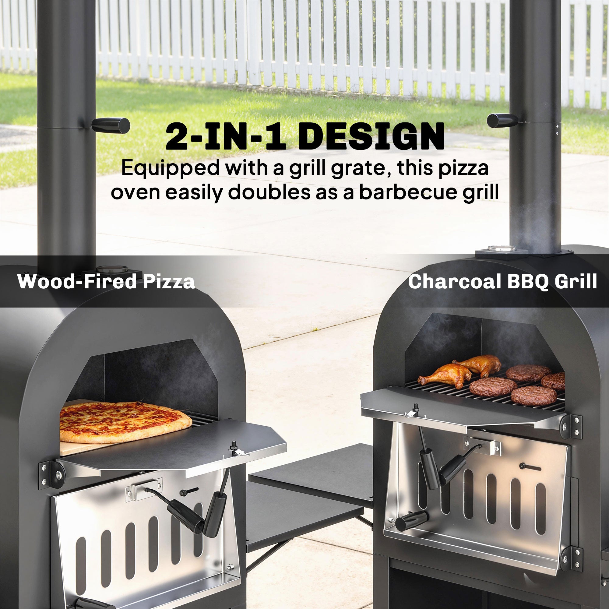 Outdoor Wood Fired Pizza Oven with Side Shelves and Open Cabinet, Pizza Maker on Wheels with Thermometer, Stone, Peel