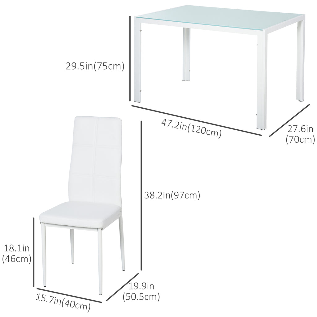 5-Piece Rectangular Glass Kitchen Table and Chairs with Metal Frame and Faux Leather Upholstery for Dining Room, White