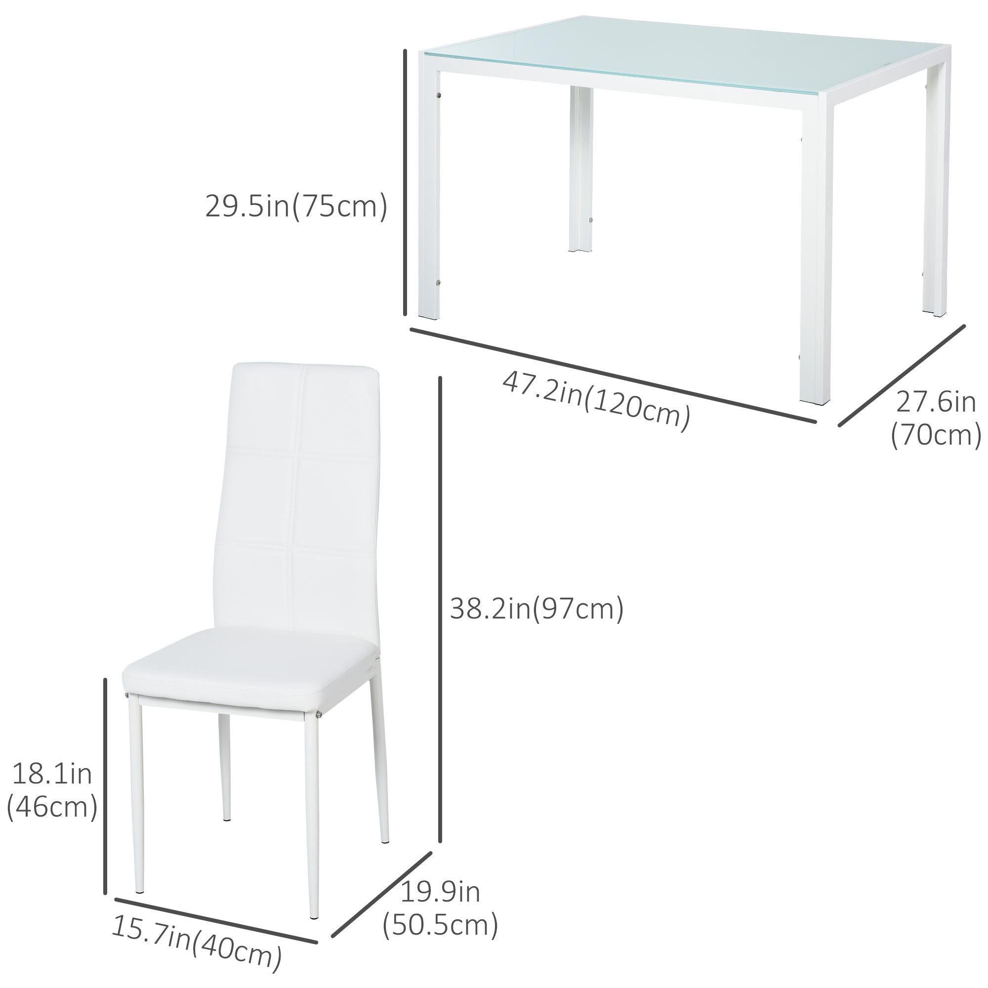 5-Piece Rectangular Glass Kitchen Table and Chairs with Metal Frame and Faux Leather Upholstery for Dining Room, White