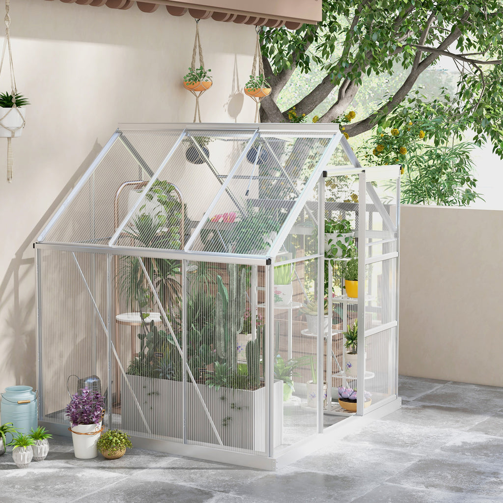 6' x 6' Walk-In Greenhouse, Polycarbonate Greenhouse with Sliding Door, Window, Aluminium Frame, Foundation, Silver