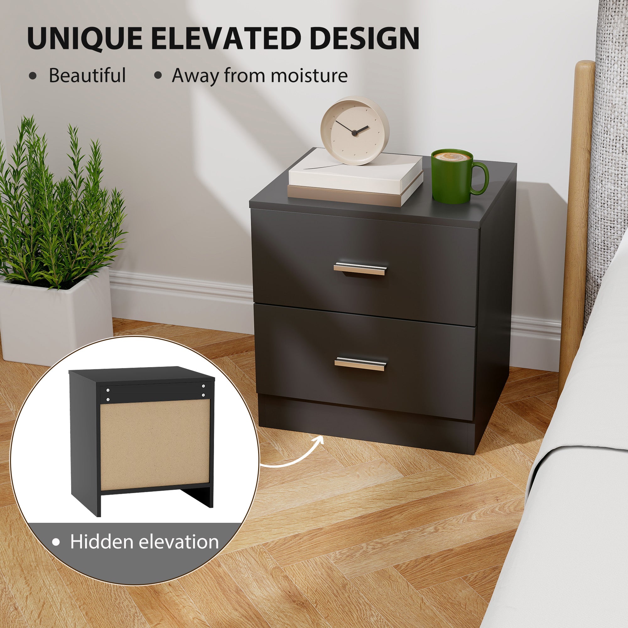 Bedside Table with 2 Drawers, Modern Nightstand for Bedroom, Black