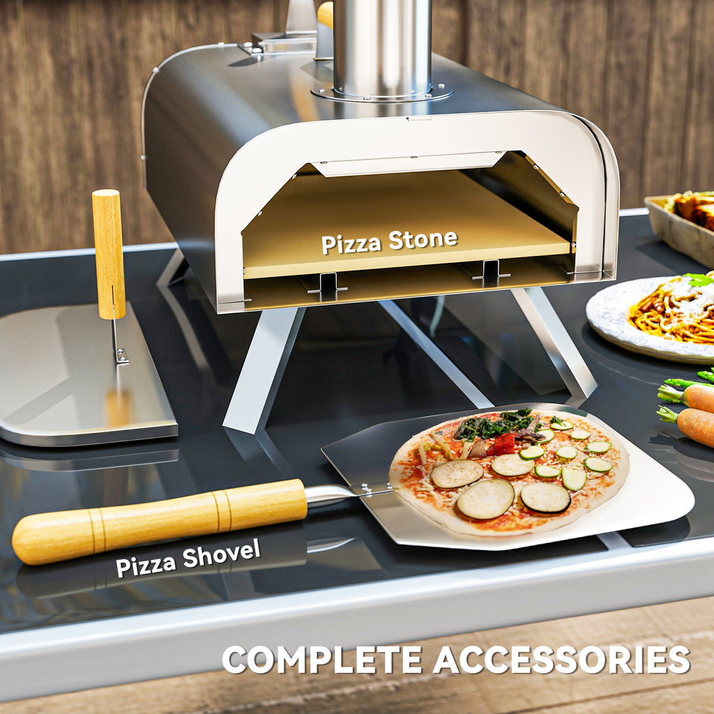 Outdoor Pizza Oven, Portable Wood Pellet Pizza Oven with Pizza Stone and Peel, Foldable Legs, Chimney