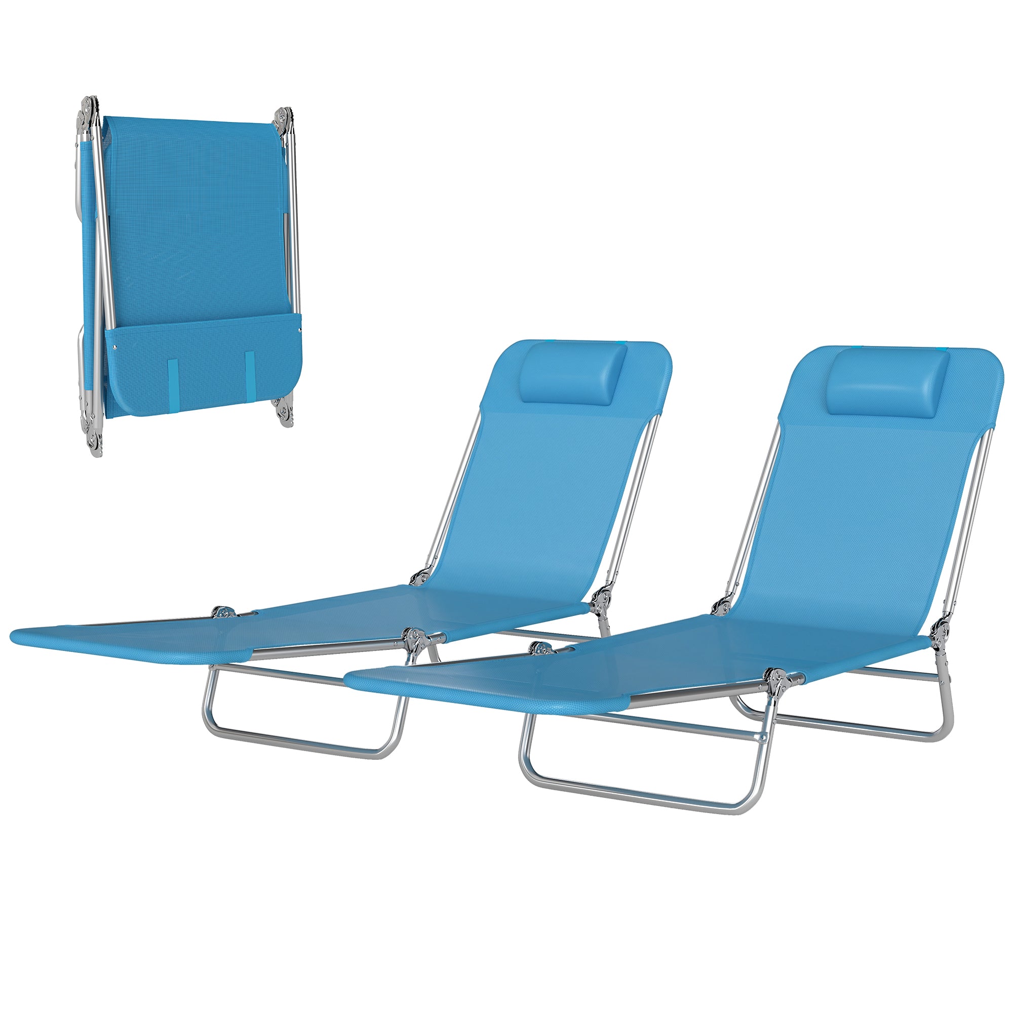 Set of 2 Folding Chaise Lounge Chairs, Outdoor Poolside Sun Tanning Chairs w/ Pillow, Reclining Backrest, Blue