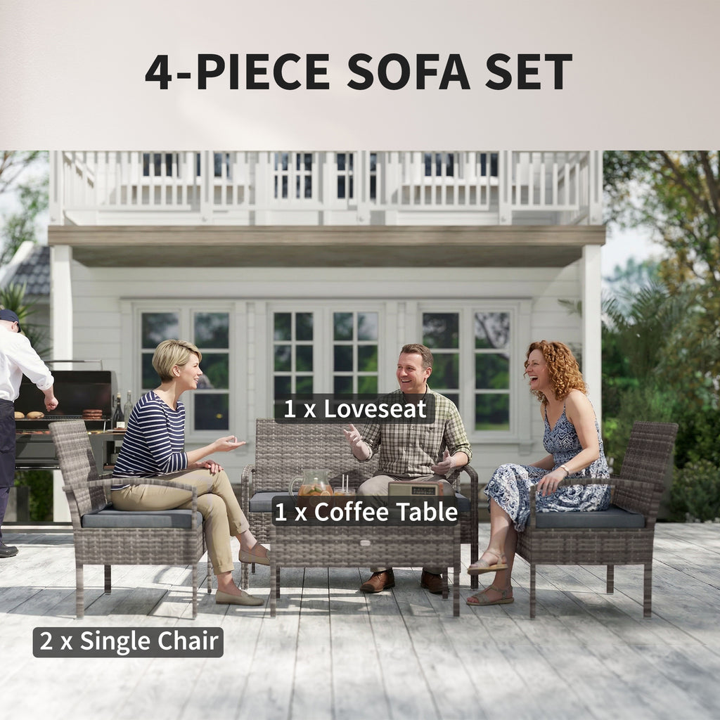 4 Pieces Patio Furniture Set with A Loveseat, Two Armchairs and A Coffee Table, Outdoor Conversation Set, Dark Grey