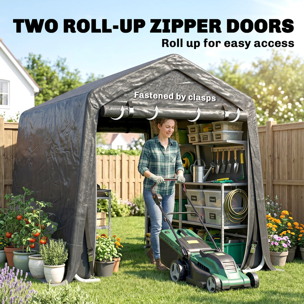 9.2' x 7.9' Garden Storage Tent, Patio Storage Shelter w/ Metal Frame and Double Zipper Doors, Dark Grey