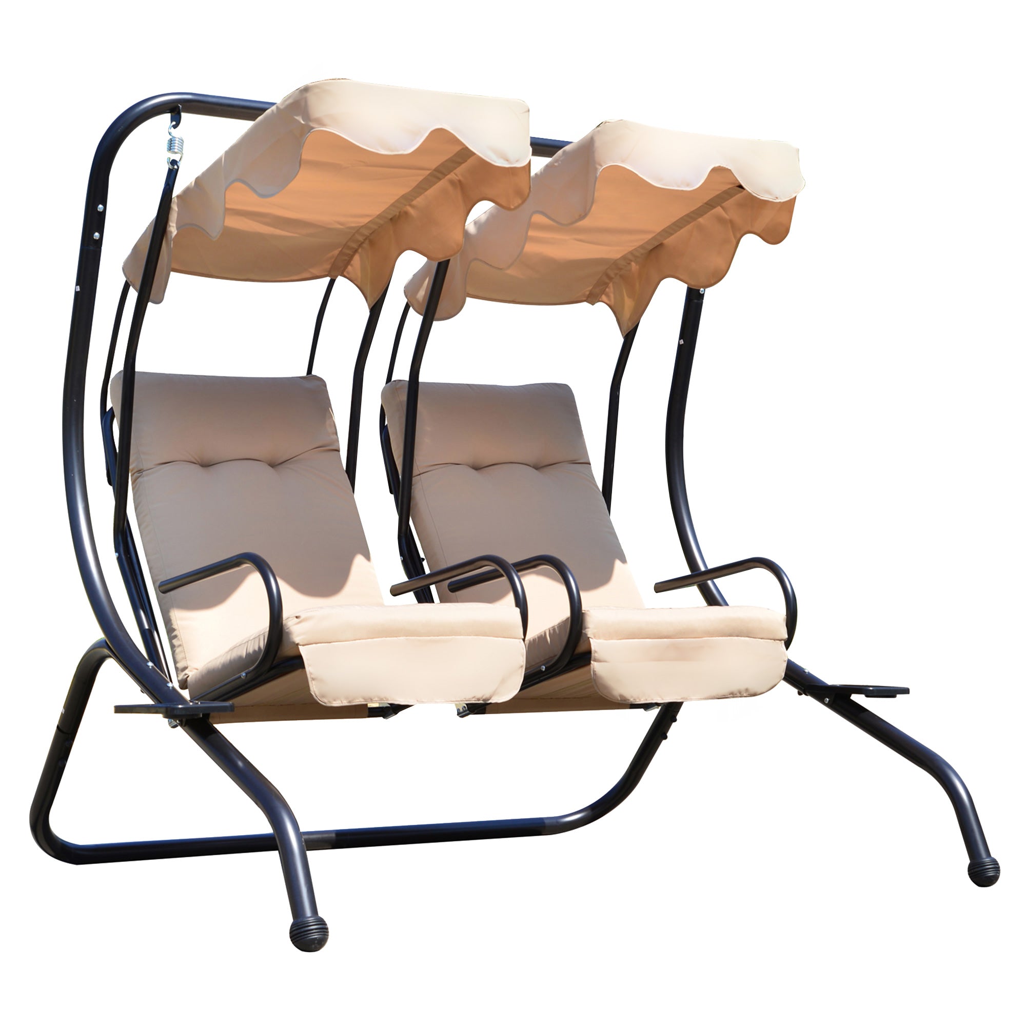 Luxury Porch Swing Metal Outdoor Swing Chair 2 Separated Seater Hammock Heavy-Duty with Canopy and Cushions, Beige