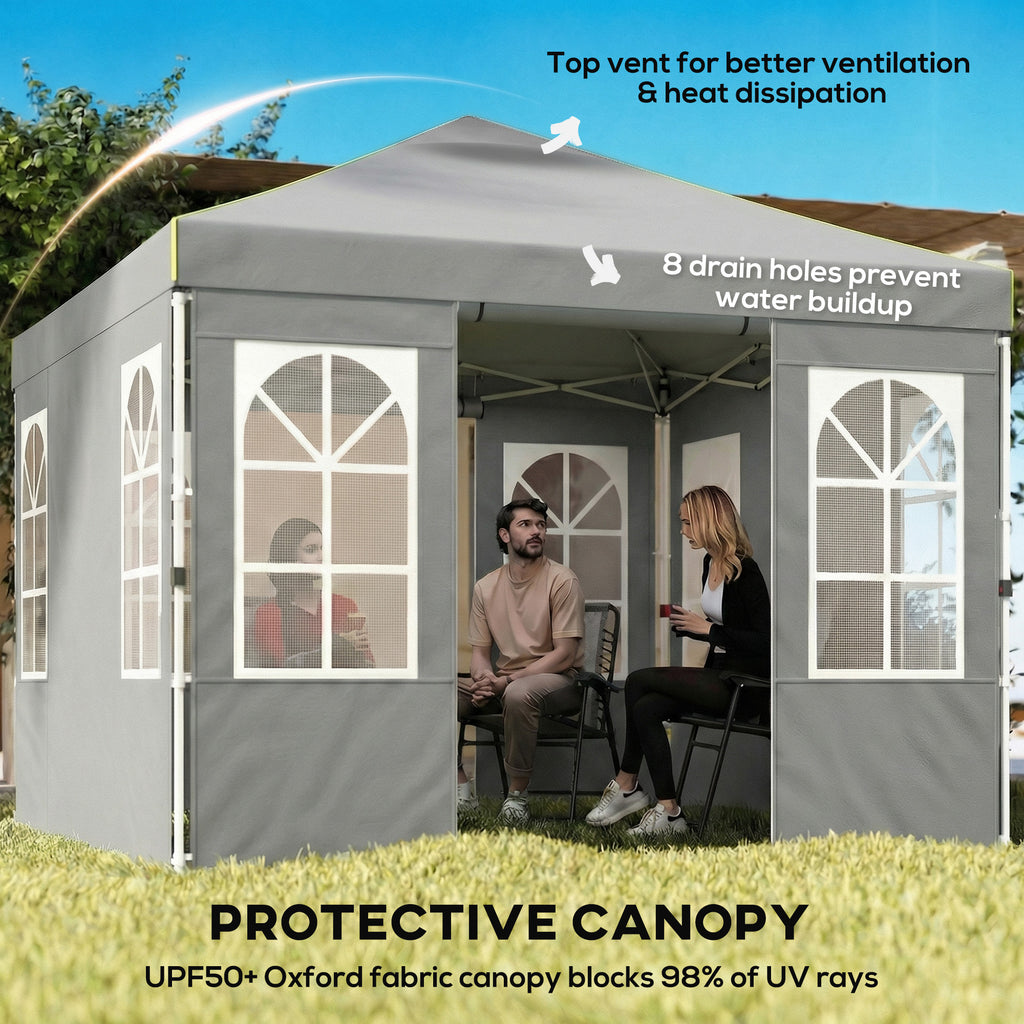 9.6 x 9.6 ft Pop Up Canopy Tent with 4 Sidewalls, UPF 50+ 1-Button Push Easy Setup Outdoor Instant Canopy, Light Grey