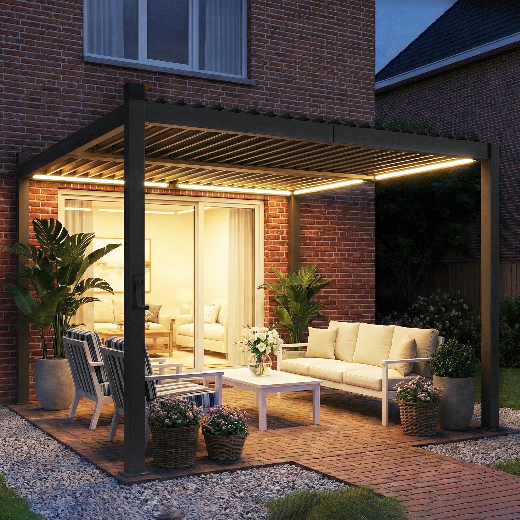 10 x 10 ft Louvered Pergola with Solar LED lights, Metal Roof, Outdoor Pergola Gazebo with Drainage Gutters, Black