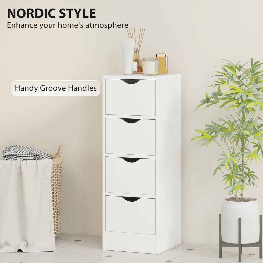 4-Drawer Bathroom Cabinet, Freestanding Narrow Storage Cabinet with Groove Handles for Small Spaces, White