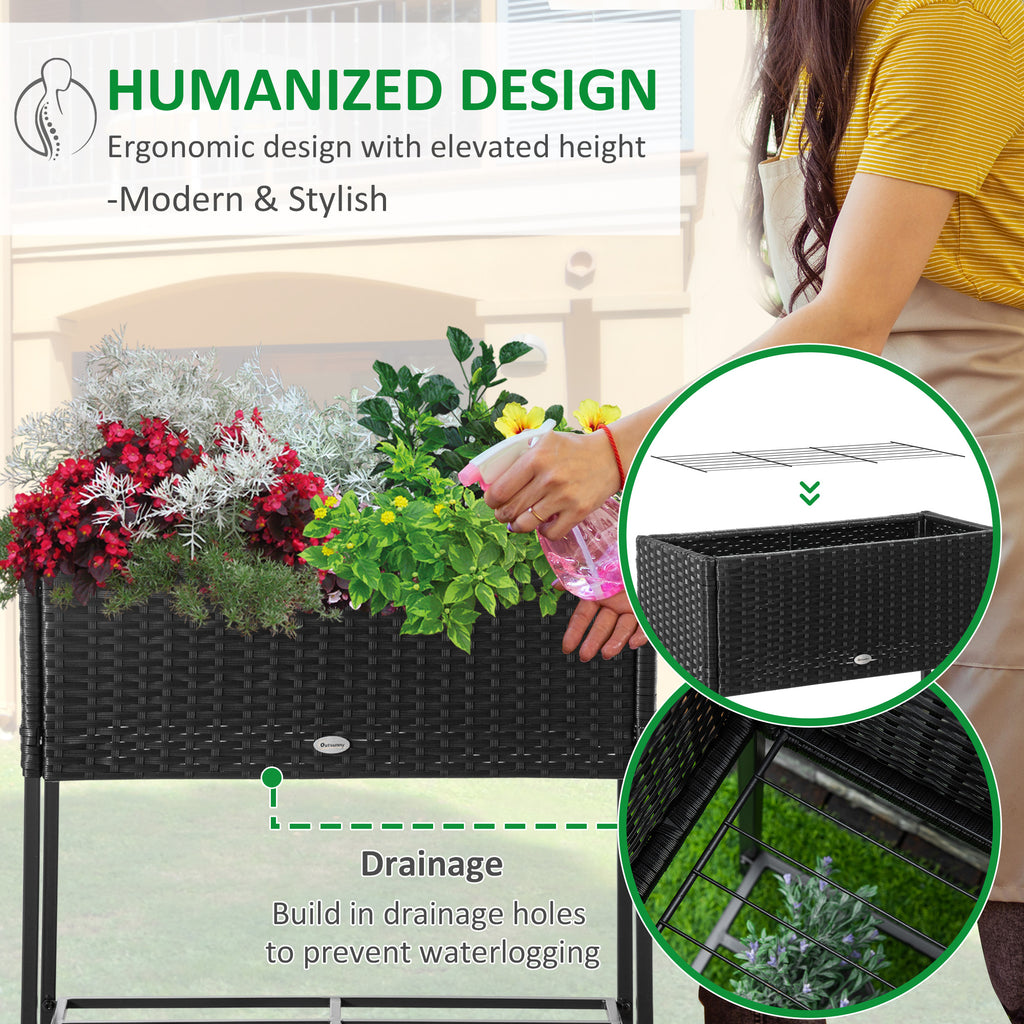 Rattan Raised Garden Boxes, Elevated Flower Beds with Storage Shelf for Herbs, Flowers, Vegetables, Black