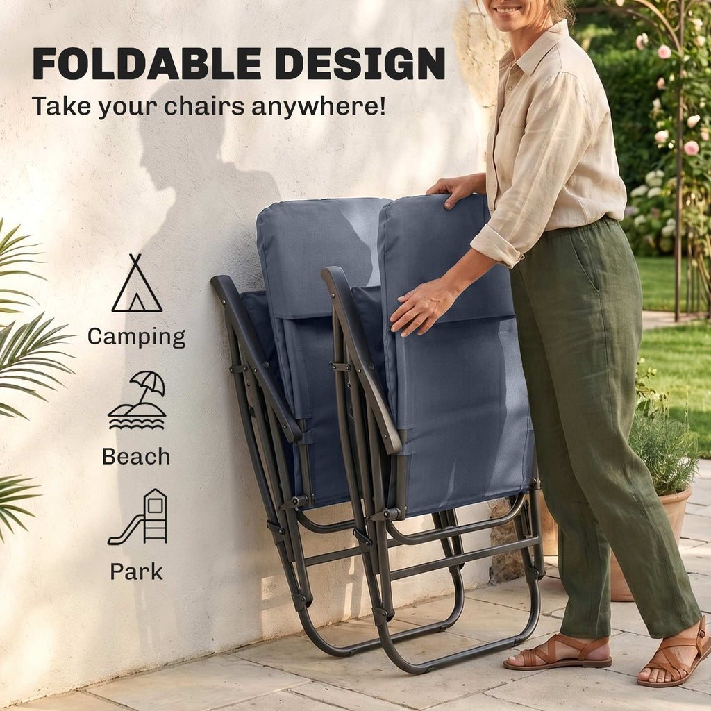 Folding Rocking Chair Set of 2 Padded Rockers with Armrest, Navy Blue