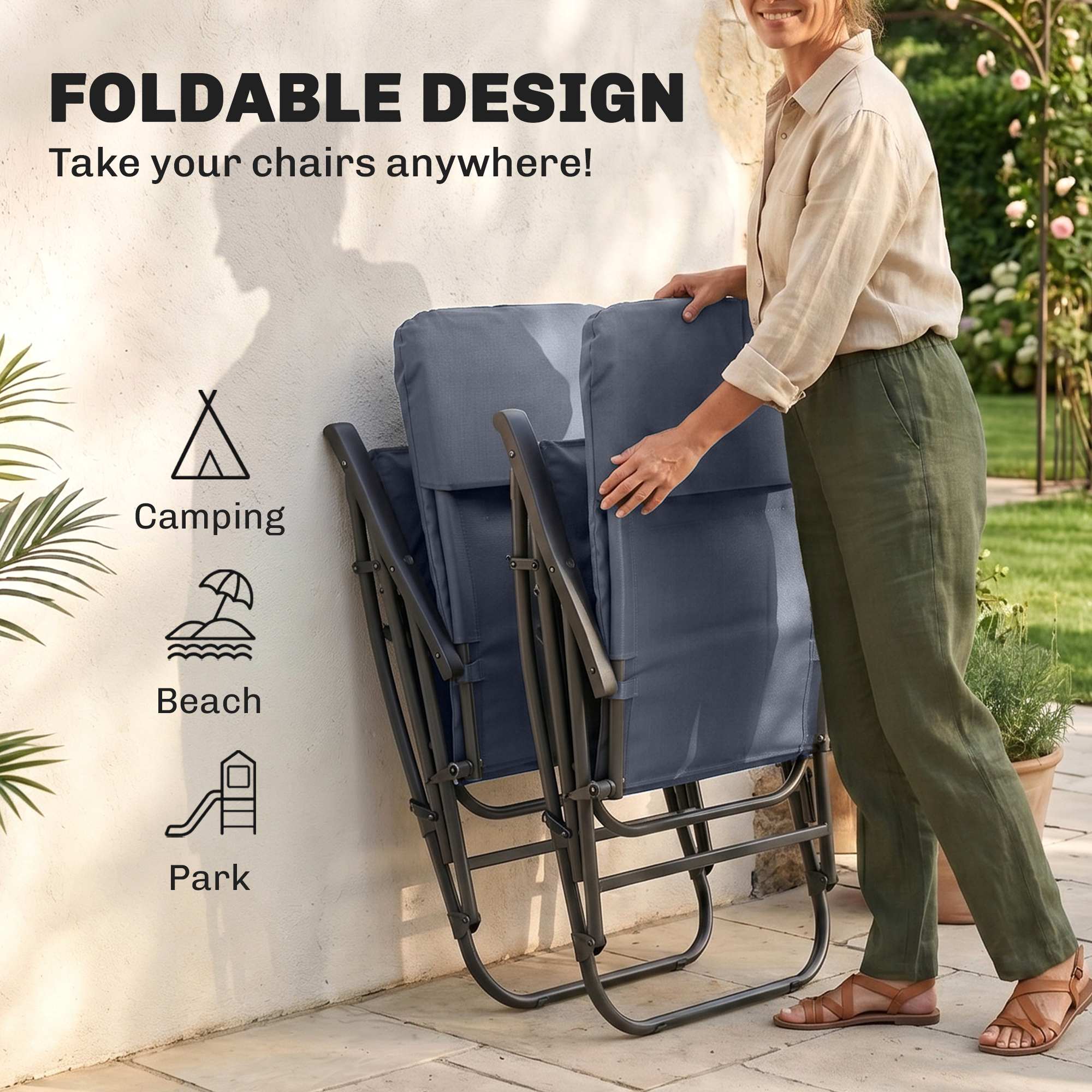 Folding Rocking Chair Set of 2 Padded Rockers with Armrest, Navy Blue