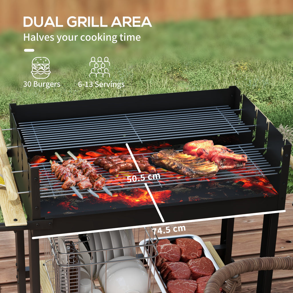 Charcoal Grill,BarbecueÂ Trolley with Double Adjustable Grill, Side Table, Storage Shelf and Wheels, Black
