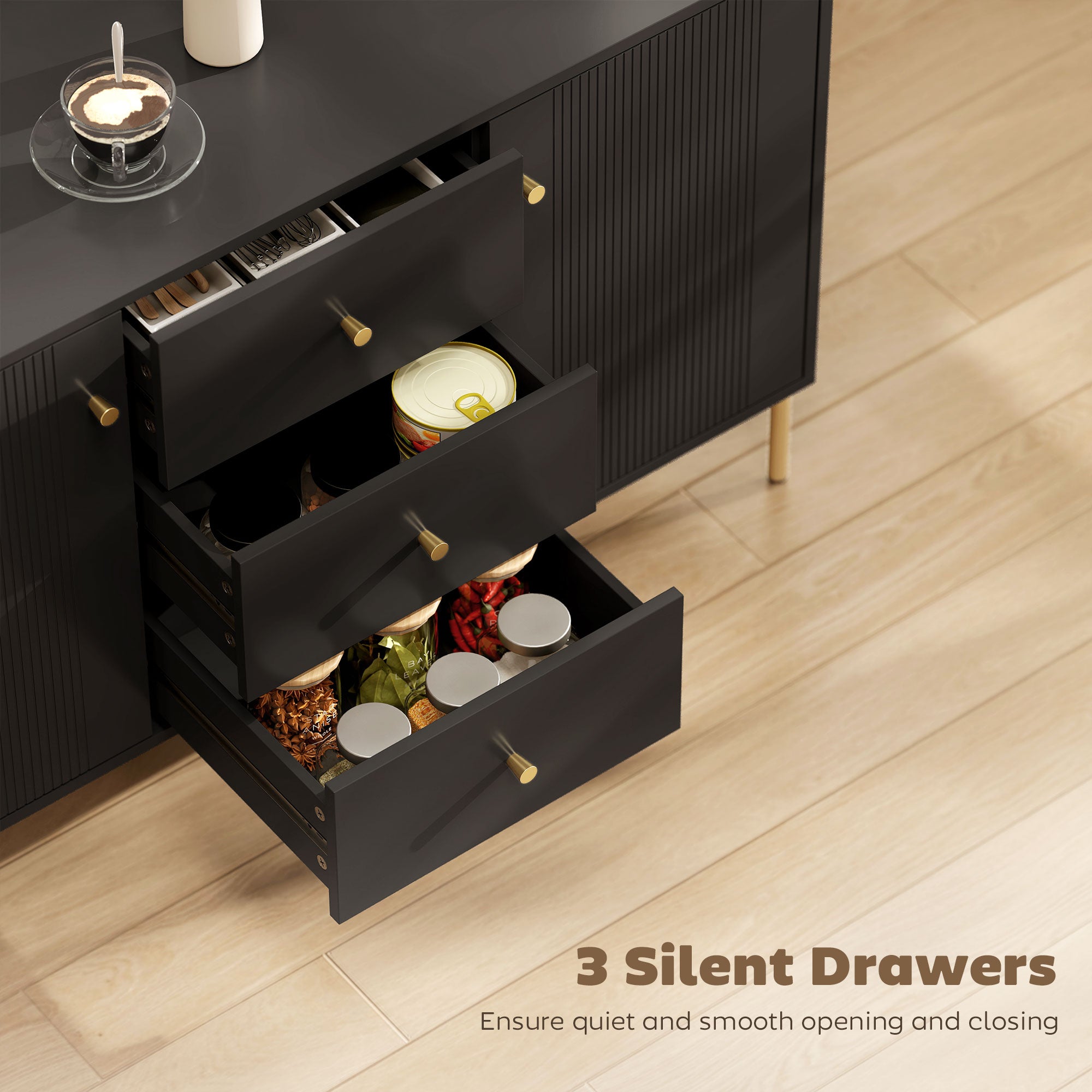 Buffet Cabinet, Modern Sideboard with 3 Soft-Close Drawers and 2 Adjustable Shelves for Living Room, Kitchen, Black