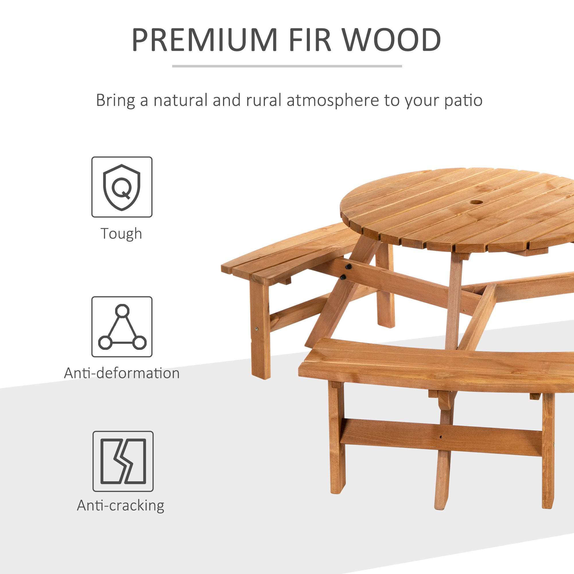 6 Person Round Picnic Table Bench Set with Umbrella Hole, Wood Patio Table with 3 Built-in Benches for Garden, Deck, Backyard, Brown