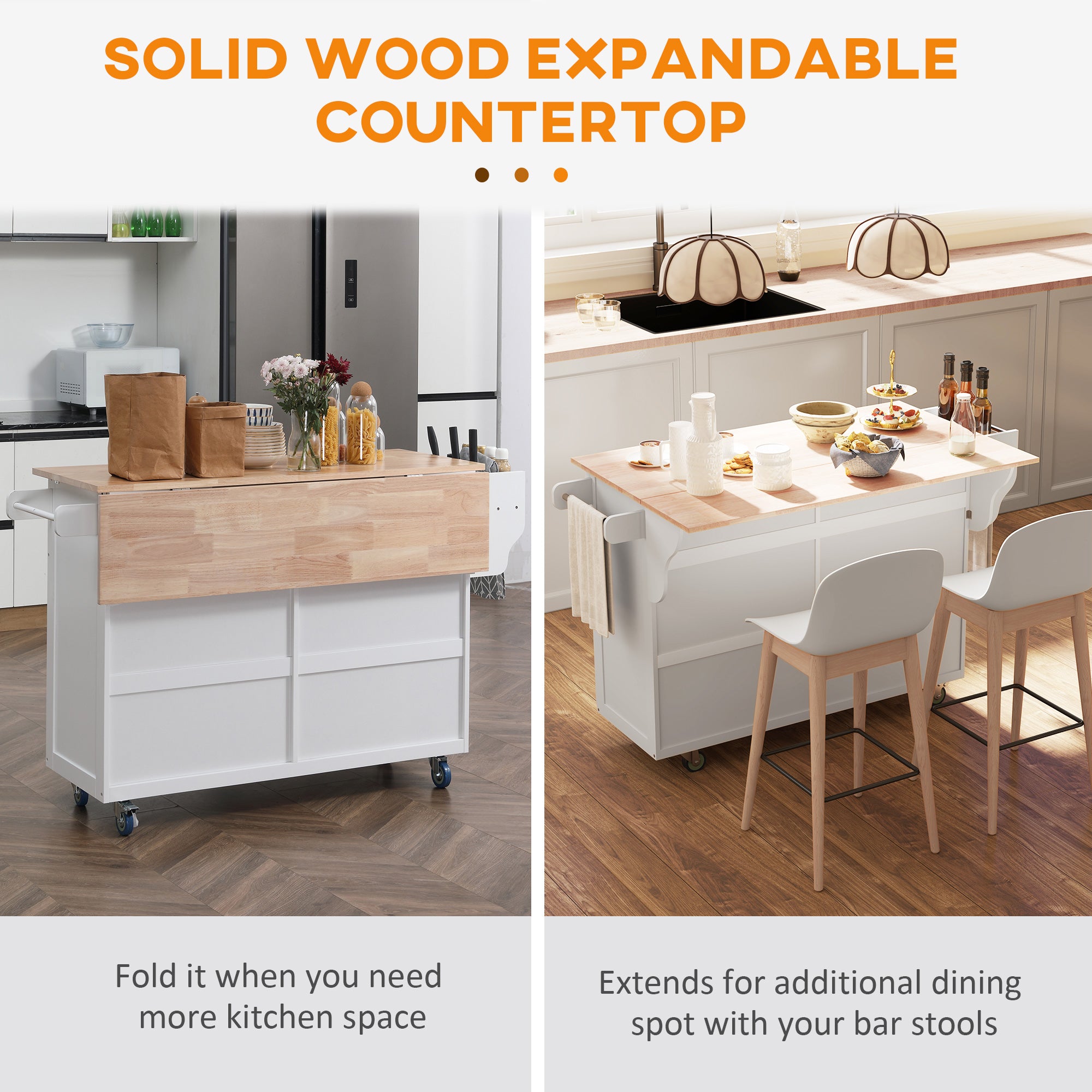 Kitchen Island with Storage, Rolling Kitchen Island with Drop Leaf, Rubber Wood Top and Adjustable Shelves, White