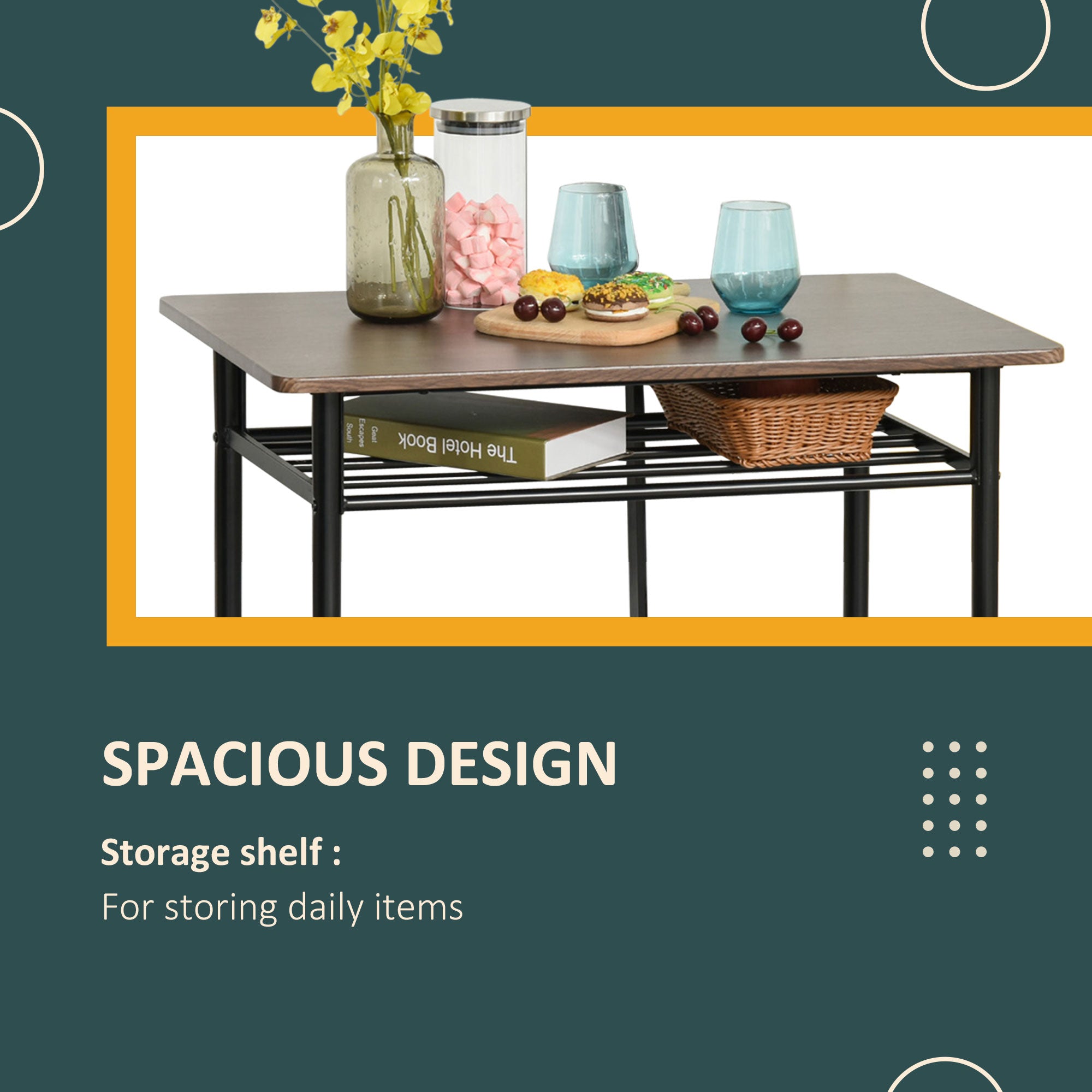 3 Piece Counter Height Bar Table Set with 1 Table, 2 Matching Stools, Dining Table Set with Storage Shelf and Metal Frame Footrest, Black and Oak