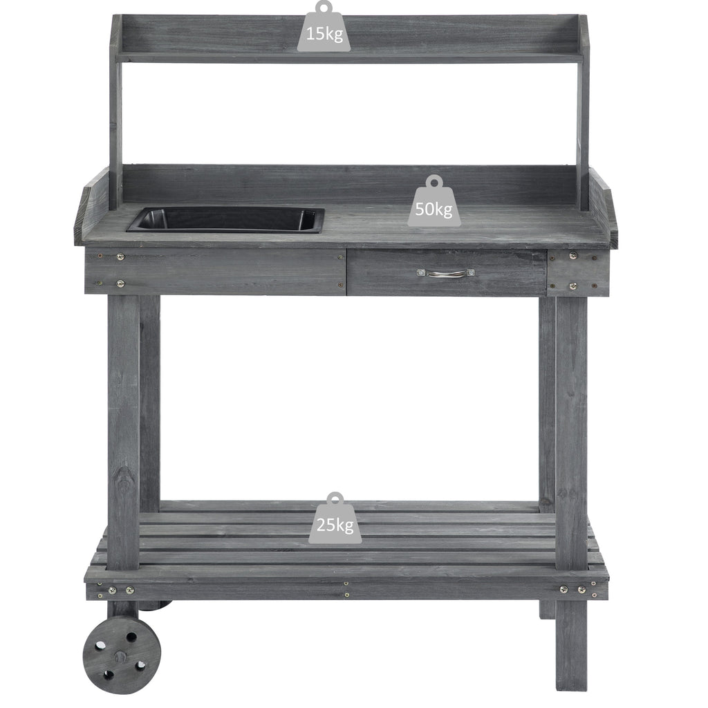 36" Wooden Potting Bench Work Table with 2 Removable Wheels, Sink, Drawer & Large Storage Spaces, Gray