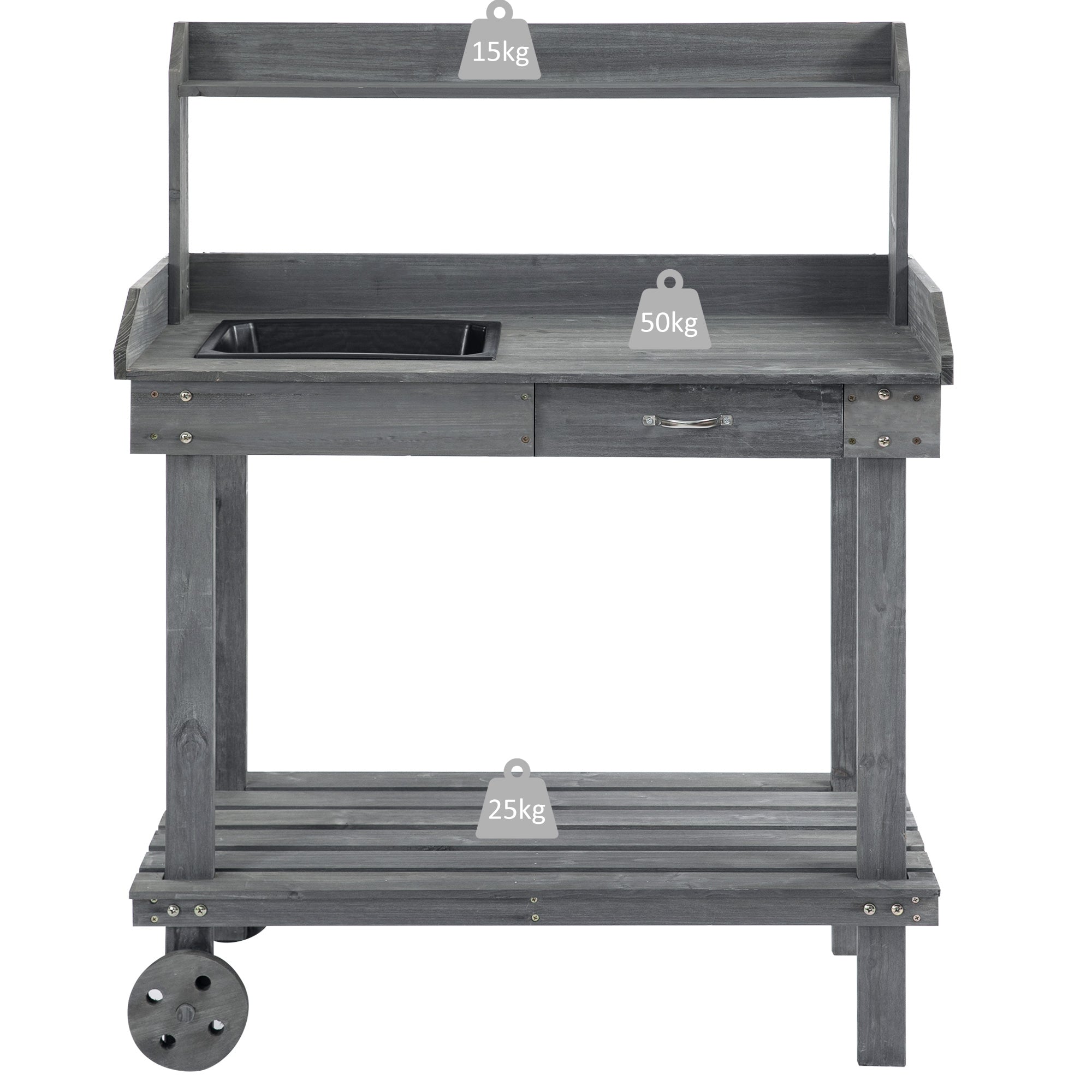 36" Wooden Potting Bench Work Table with 2 Removable Wheels, Sink, Drawer & Large Storage Spaces, Gray