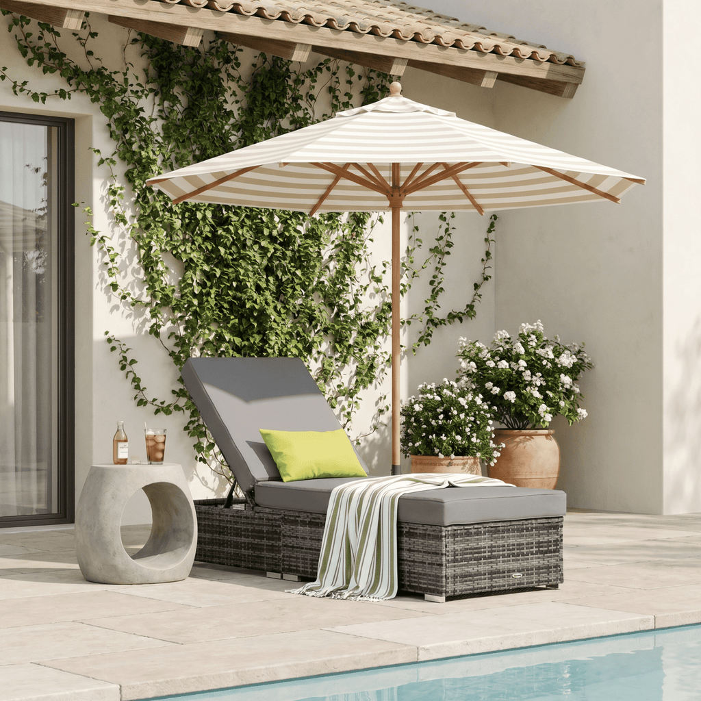 Patio Wicker Lounger, Outdoor PE Rattan Single Chaise Lounge w/Adjustable Recliner Backrest, Cushion, & Pillow, Grey