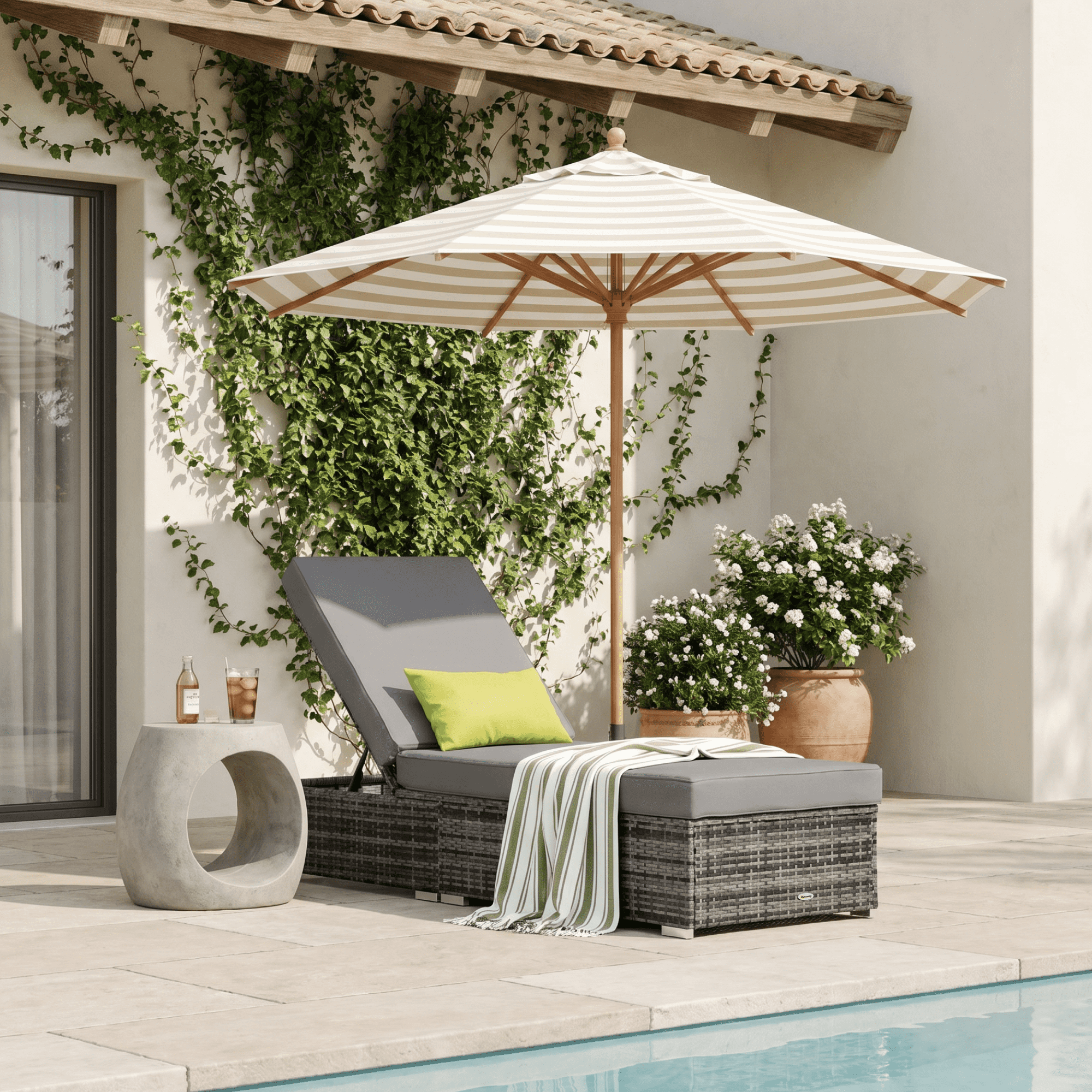 Patio Wicker Lounger, Outdoor PE Rattan Single Chaise Lounge w/Adjustable Recliner Backrest, Cushion, & Pillow, Grey
