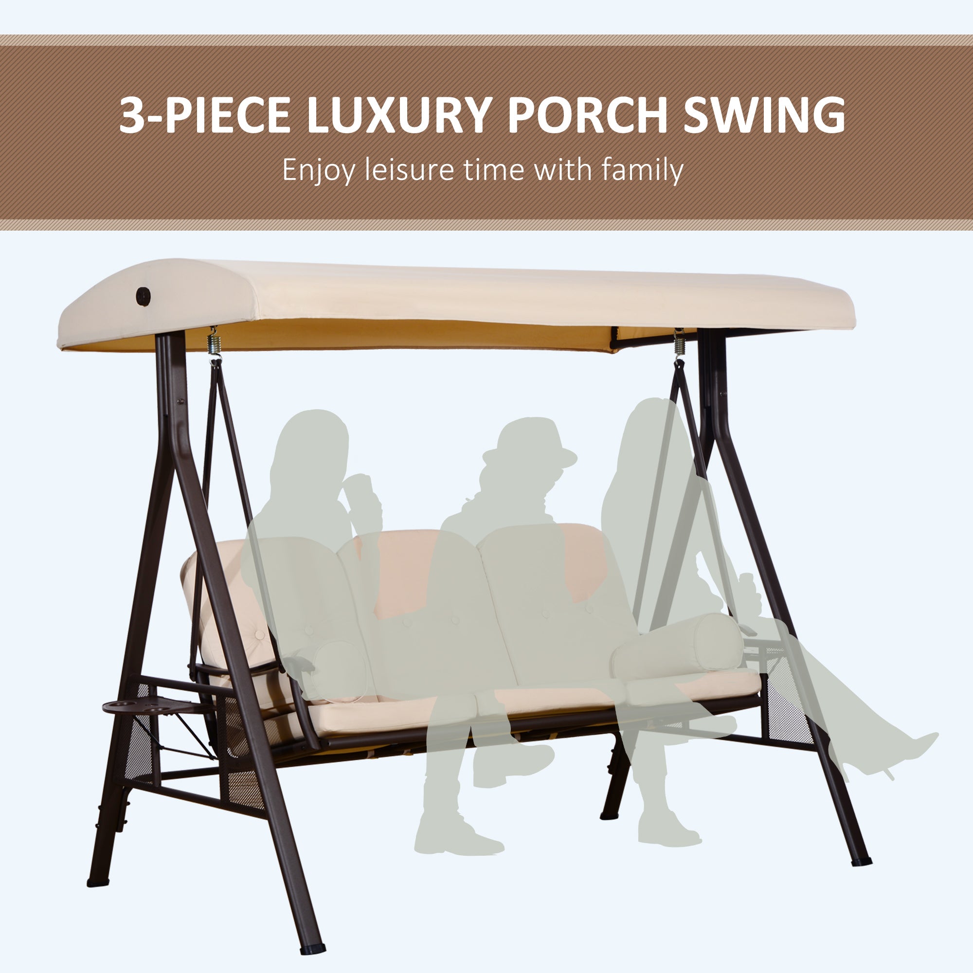 3 Seater Heavy Duty Swing Chair Outdoor Lounge Hammock Cushioned Seat W/ Tilt Canopy, Beige